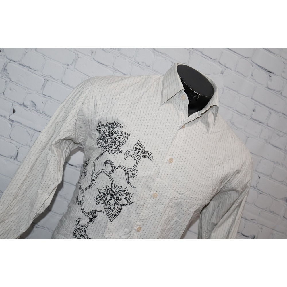 Cubavera Button Down Mens Medium Gray Pinstripe Floral Embroidered Long Sleeve